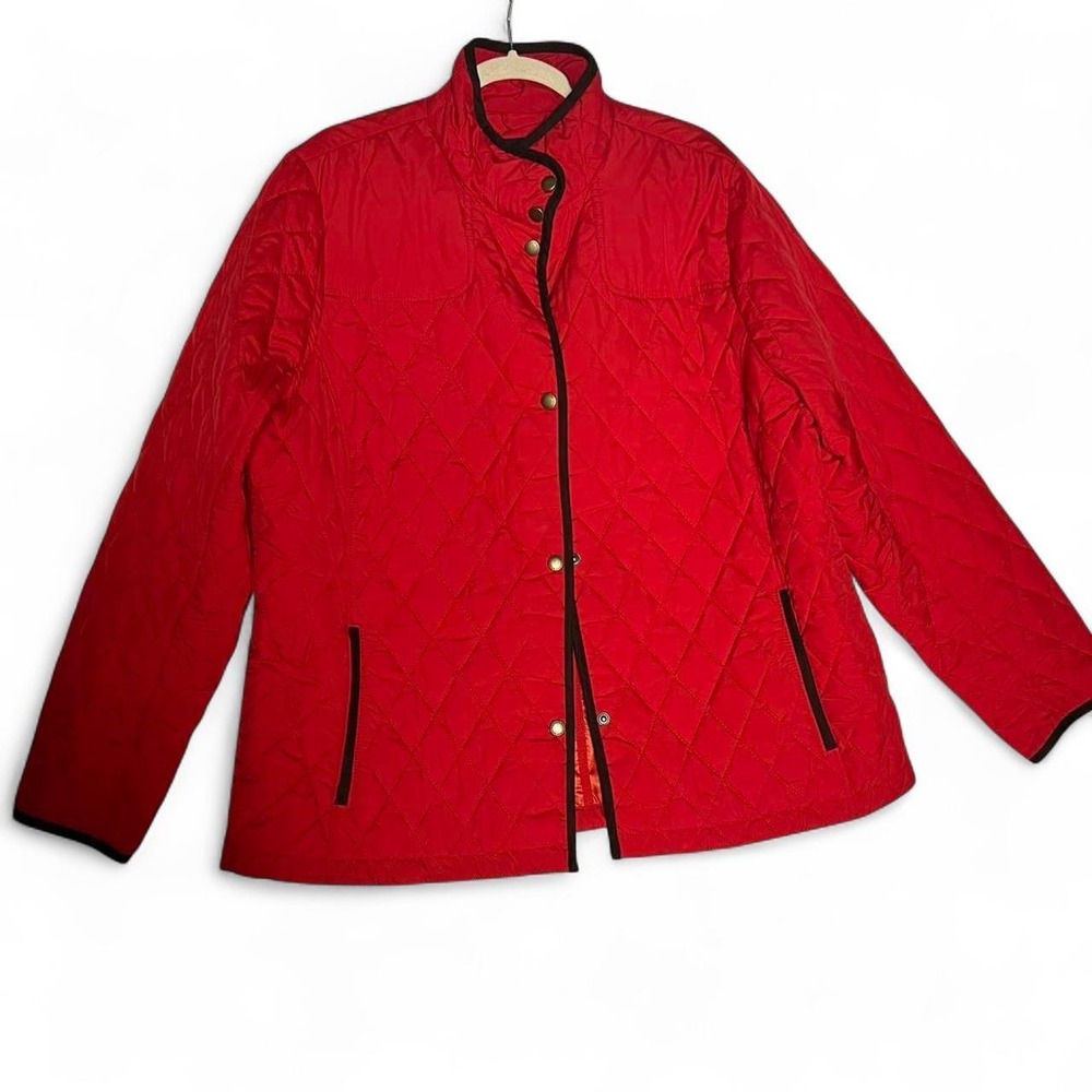 Lands End Red Quilted Jacket with Brown Trim in size 1X